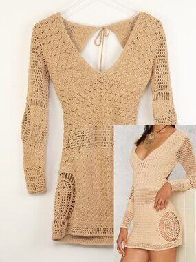 Flook The Label Crochet Cutout Mini Dress Festival Boho Beige Tan Size Small